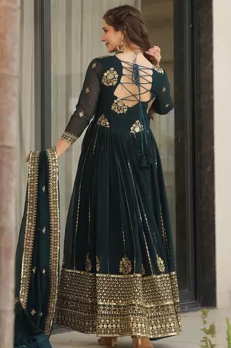 Faux Blooming Sequins Embroidered Festive Gown with Matching Dupatta | Rama Color | Party Wear