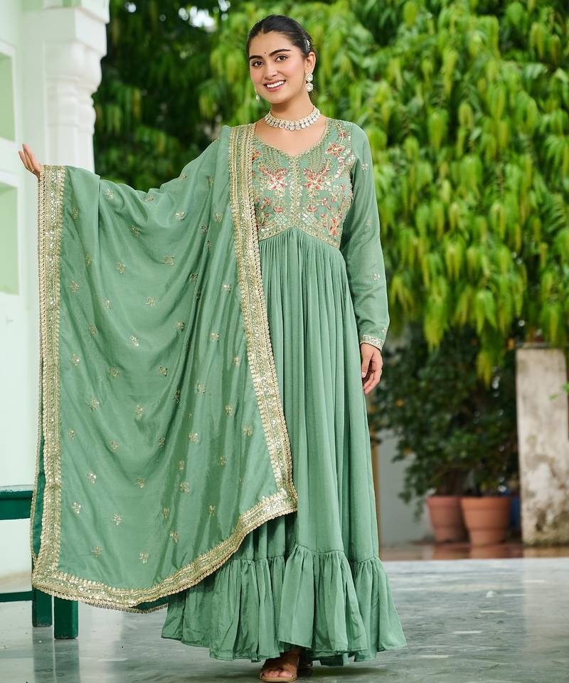 Vichitra Silk Sequins Embroidered Party Wear Gown with Matching Dupatta | Pista Green | Look
