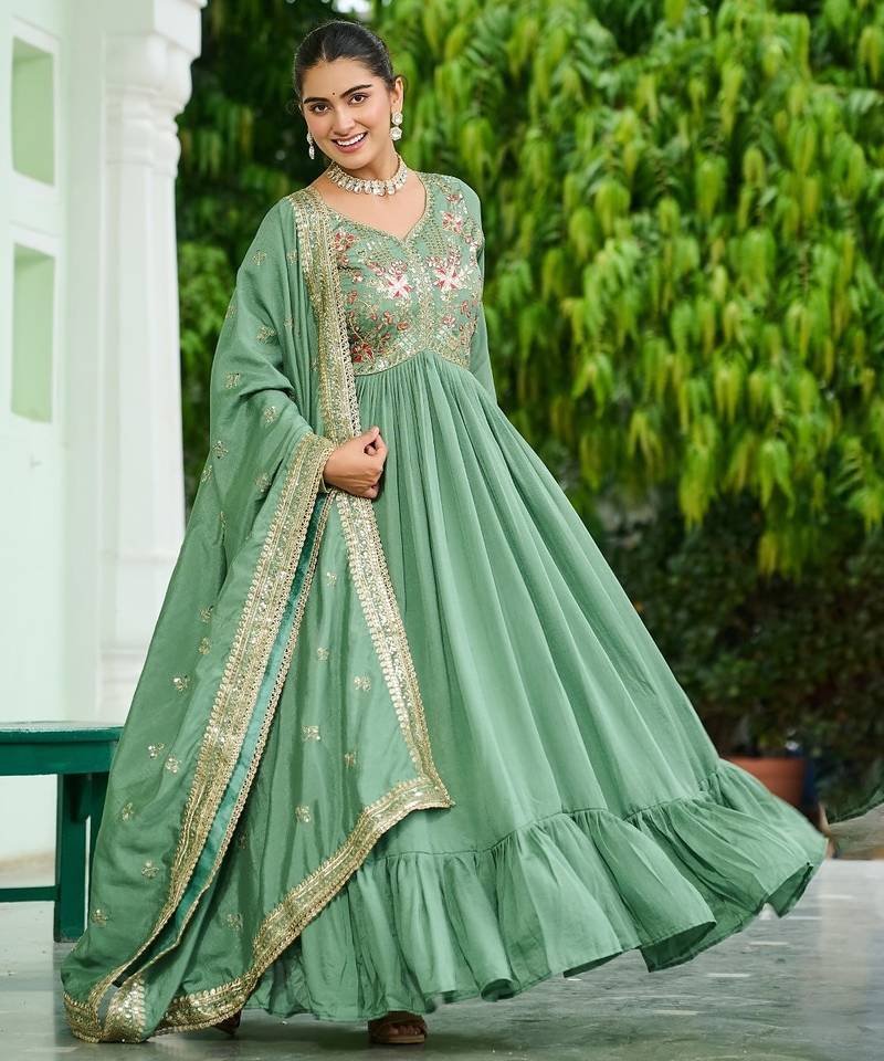 Vichitra Silk Sequins Embroidered Party Wear Gown with Matching Dupatta | Pista Green | Look
