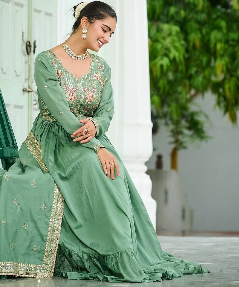 Vichitra Silk Sequins Embroidered Party Wear Gown with Matching Dupatta | Pista Green | Look