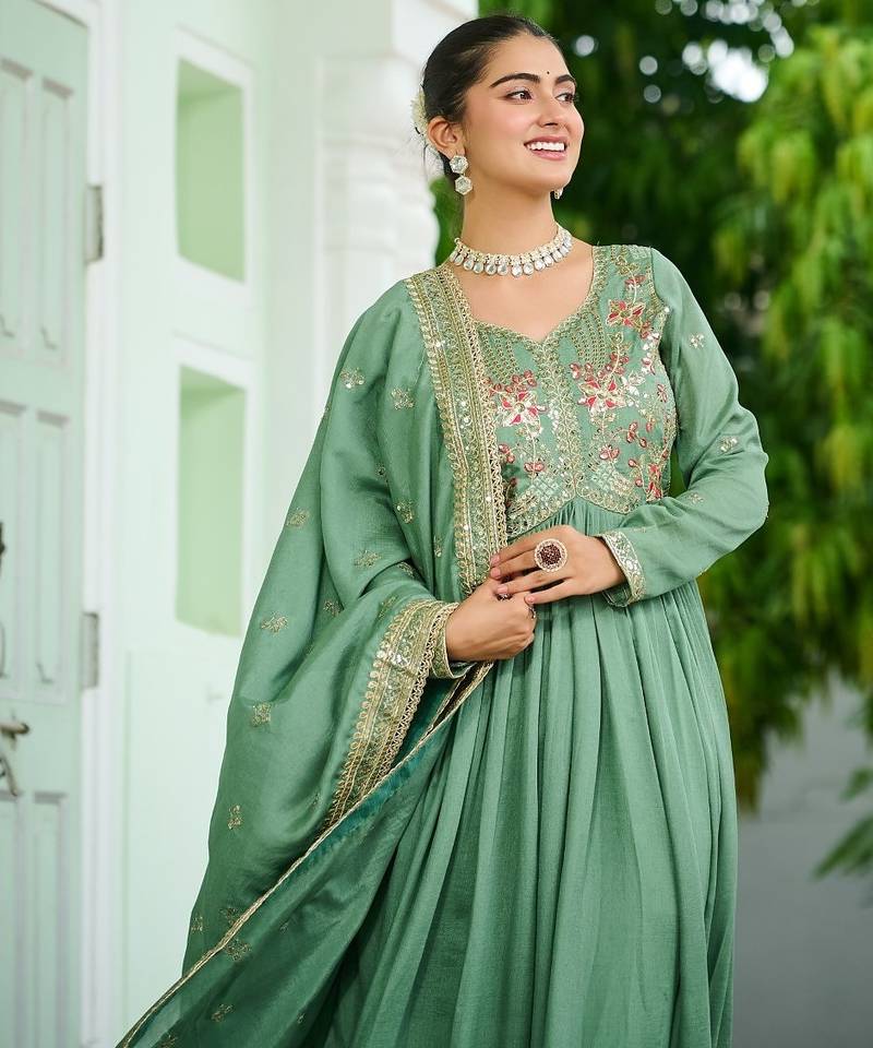 Vichitra Silk Sequins Embroidered Party Wear Gown with Matching Dupatta | Pista Green | Look