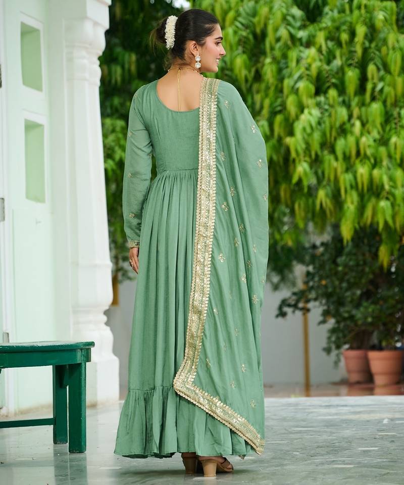 Vichitra Silk Sequins Embroidered Party Wear Gown with Matching Dupatta | Pista Green | Look