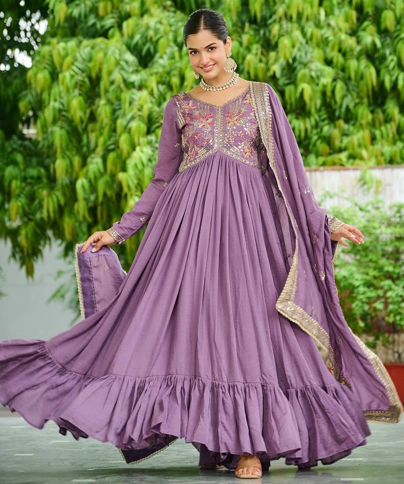 Vichitra Silk Sequins Embroidered Designer Party Wear Gown with Matching Dupatta | Lavender | Look