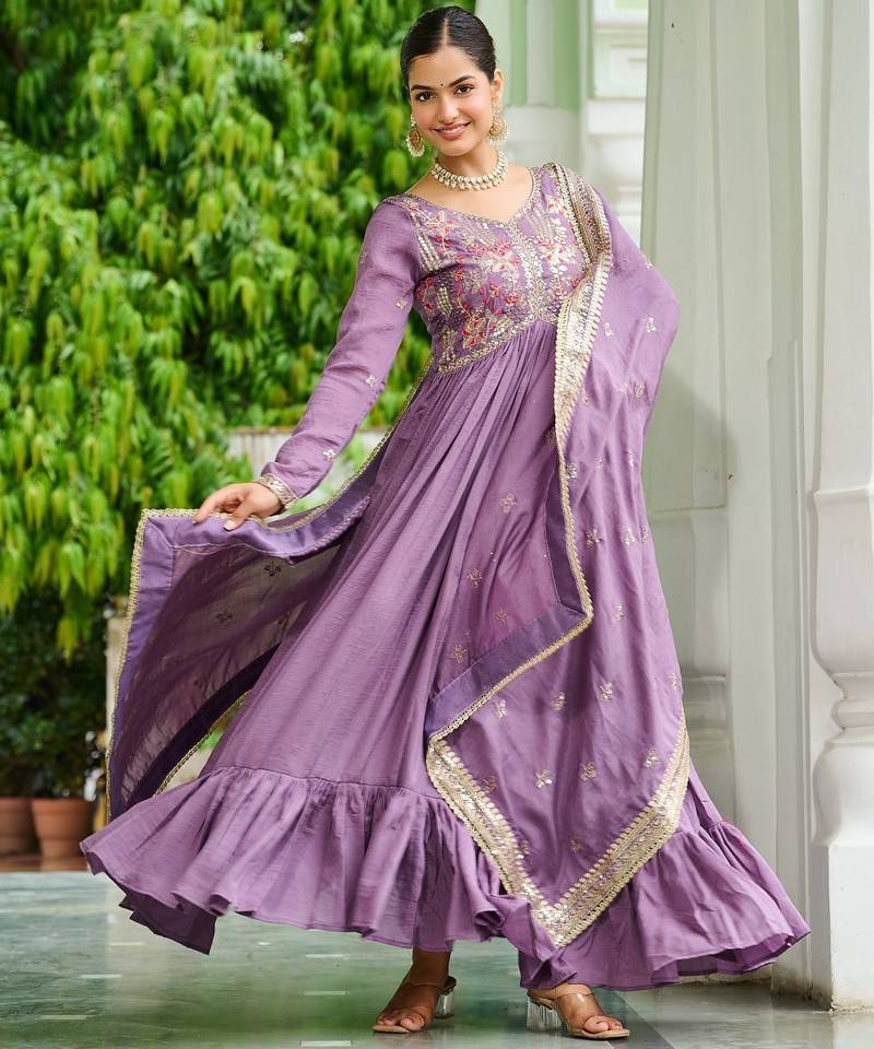 Vichitra Silk Sequins Embroidered Designer Party Wear Gown with Matching Dupatta | Lavender | Look