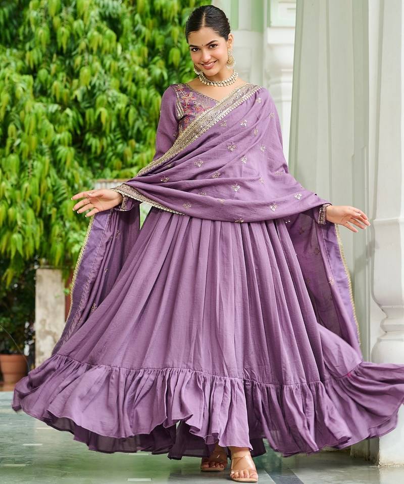 Vichitra Silk Sequins Embroidered Designer Party Wear Gown with Matching Dupatta | Lavender | Look