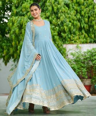 Faux Georgette Sequins Embroidered Party Wear Designer Gown with Matching Dupatta | Sky Blue | Look 1
