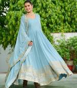 Faux Georgette Sequins Embroidered Party Wear Designer Gown with Matching Dupatta | Sky Blue | Look