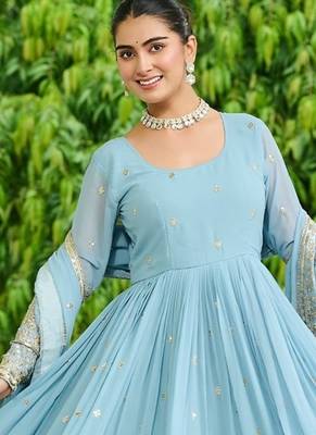 Faux Georgette Sequins Embroidered Party Wear Designer Gown with Matching Dupatta | Sky Blue | Look 2