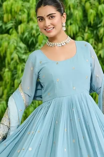 Faux Georgette Sequins Embroidered Party Wear Designer Gown with Matching Dupatta | Sky Blue | Look