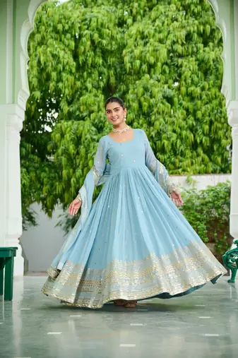Faux Georgette Sequins Embroidered Party Wear Designer Gown with Matching Dupatta | Sky Blue | Look