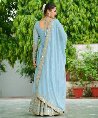 Faux Georgette Sequins Embroidered Party Wear Designer Gown with Matching Dupatta | Sky Blue | Look 5