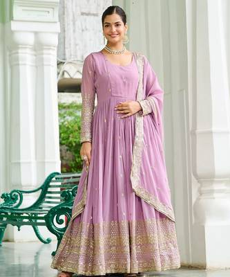Faux Georgette Sequins Embroidered Designer Party Wear Gown with Matching Dupatta | Lavender | Look 1