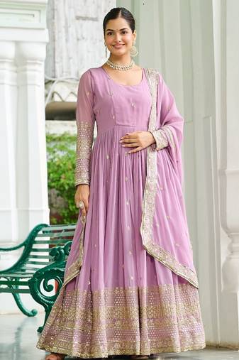 Faux Georgette Sequins Embroidered Designer Party Wear Gown with Matching Dupatta | Lavender | Look