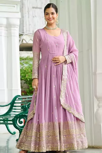 Faux Georgette Sequins Embroidered Designer Party Wear Gown with Matching Dupatta | Lavender | Look