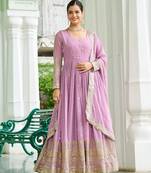 Faux Georgette Sequins Embroidered Designer Party Wear Gown with Matching Dupatta | Lavender | Look