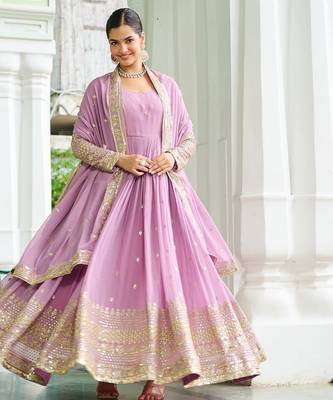 Faux Georgette Sequins Embroidered Designer Party Wear Gown with Matching Dupatta | Lavender | Look 2