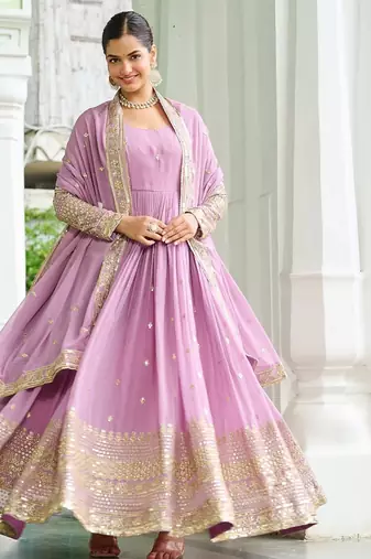 Faux Georgette Sequins Embroidered Designer Party Wear Gown with Matching Dupatta | Lavender | Look