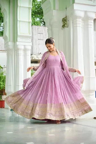 Faux Georgette Sequins Embroidered Designer Party Wear Gown with Matching Dupatta | Lavender | Look