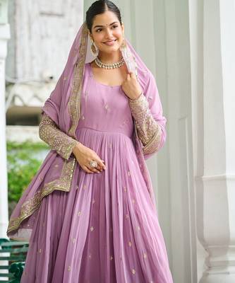 Faux Georgette Sequins Embroidered Designer Party Wear Gown with Matching Dupatta | Lavender | Look 4