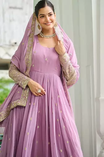 Faux Georgette Sequins Embroidered Designer Party Wear Gown with Matching Dupatta | Lavender | Look