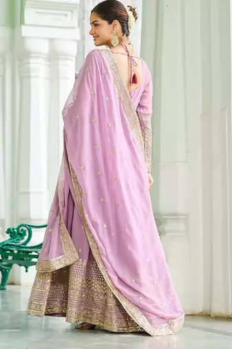 Faux Georgette Sequins Embroidered Designer Party Wear Gown with Matching Dupatta | Lavender | Look