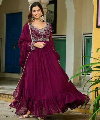 Faux Blooming Lace-Border Embroidered Party Wear Gown with Matching Dupatta | Wine Color | Look 1
