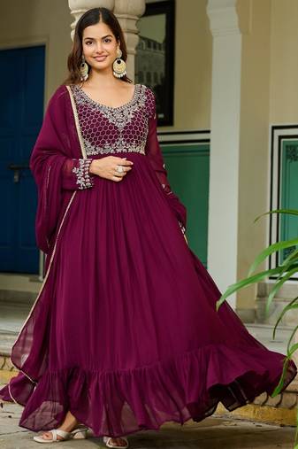 Faux Blooming Lace-Border Embroidered Party Wear Gown with Matching Dupatta | Wine Color | Look