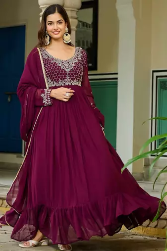 Faux Blooming Lace-Border Embroidered Party Wear Gown with Matching Dupatta | Wine Color | Look