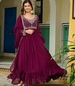 Faux Blooming Lace-Border Embroidered Party Wear Gown with Matching Dupatta | Wine Color | Look