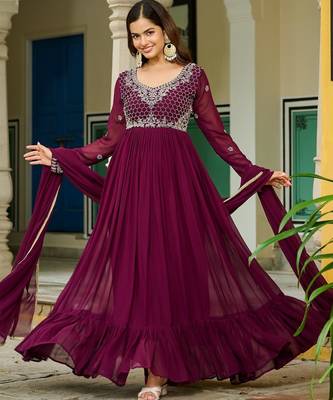 Faux Blooming Lace-Border Embroidered Party Wear Gown with Matching Dupatta | Wine Color | Look 2
