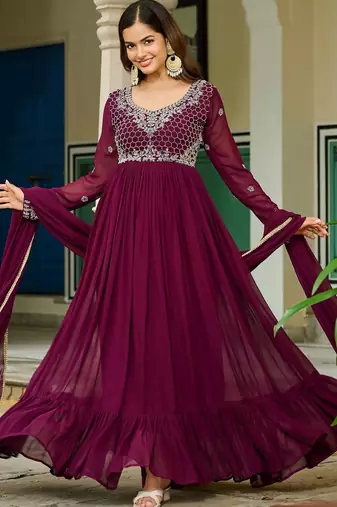 Faux Blooming Lace-Border Embroidered Party Wear Gown with Matching Dupatta | Wine Color | Look