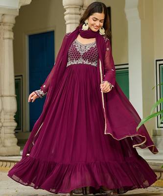 Faux Blooming Lace-Border Embroidered Party Wear Gown with Matching Dupatta | Wine Color | Look 3