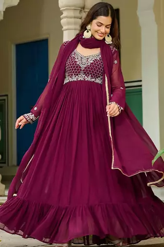 Faux Blooming Lace-Border Embroidered Party Wear Gown with Matching Dupatta | Wine Color | Look