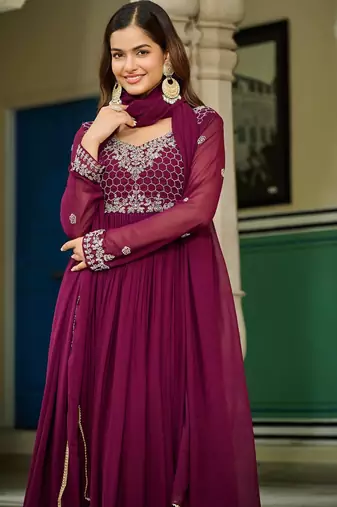 Faux Blooming Lace-Border Embroidered Party Wear Gown with Matching Dupatta | Wine Color | Look
