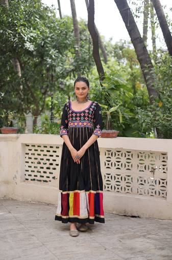 Roman Fabric Embroidered Semi-Stitched Designer Black Gown with Matching Dupatta | Party & Festive Wear