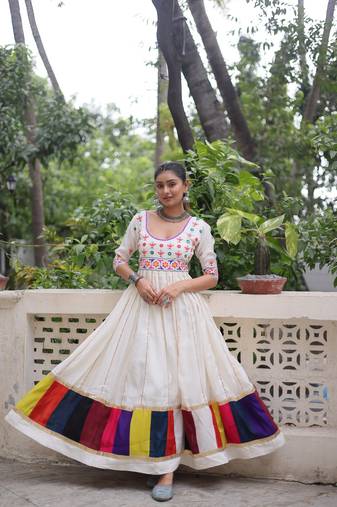 Roman Fabric Embroidered Semi-Stitched White Designer Gown with Matching Dupatta | Party & Festive Wear