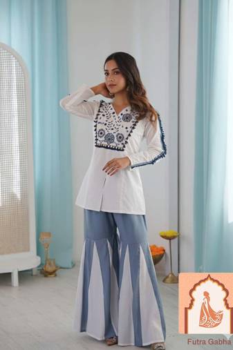 Women's Roman Silk Co-ord Set Real Mirror Work Kurti sharara Suit 