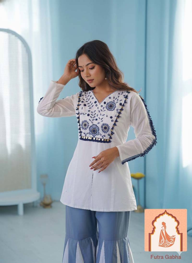 Women's Roman Silk Co-ord Set Real Mirror Work Kurti sharara Suit 