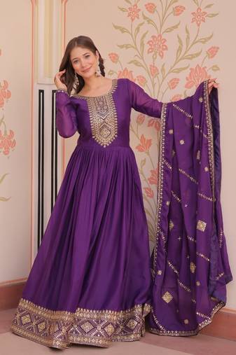 Purple Star Georgette Embroidered Designer Gown with Heavy Multi-Sequence Work & Matching Dupatta | Party Wear Dress