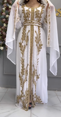 White Embroidered Moroccan Kaftan with Golden Handwork & Dupatta 1