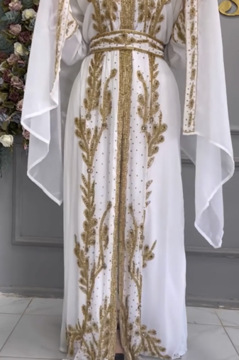 White Embroidered Moroccan Kaftan with Golden Handwork & Dupatta