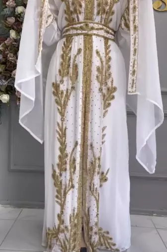 White Embroidered Moroccan Kaftan with Golden Handwork & Dupatta