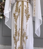 White Embroidered Moroccan Kaftan with Golden Handwork & Dupatta