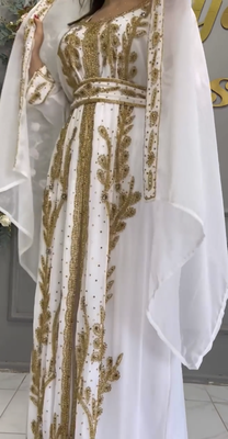 White Embroidered Moroccan Kaftan with Golden Handwork & Dupatta 2