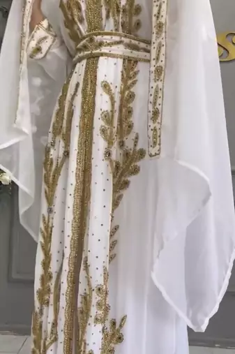 White Embroidered Moroccan Kaftan with Golden Handwork & Dupatta