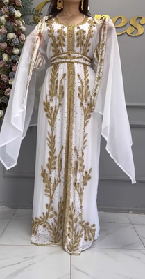 White Embroidered Moroccan Kaftan with Golden Handwork & Dupatta 3