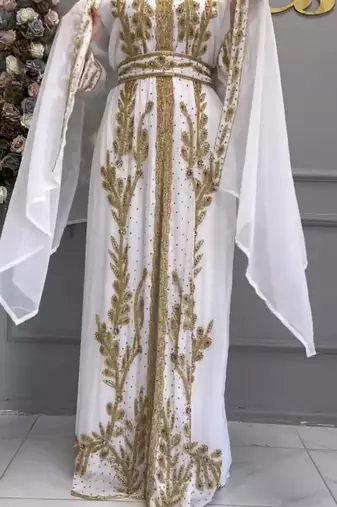 White Embroidered Moroccan Kaftan with Golden Handwork & Dupatta