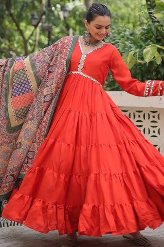 Orange Roman Semi-Stitched Designer Gown with Maslin Crochet & Dori Jal Lace Work | Festive & Party Wear Gown