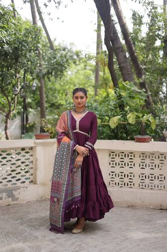 Wine Roman Semi-Stitched Designer Gown with Maslin Crochet & Dori Jal Lace Work | Festive & Party Wear Gown
