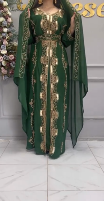 Emerald Green Moroccan Kaftan with Golden Embroidery & Matching Dupatta 1